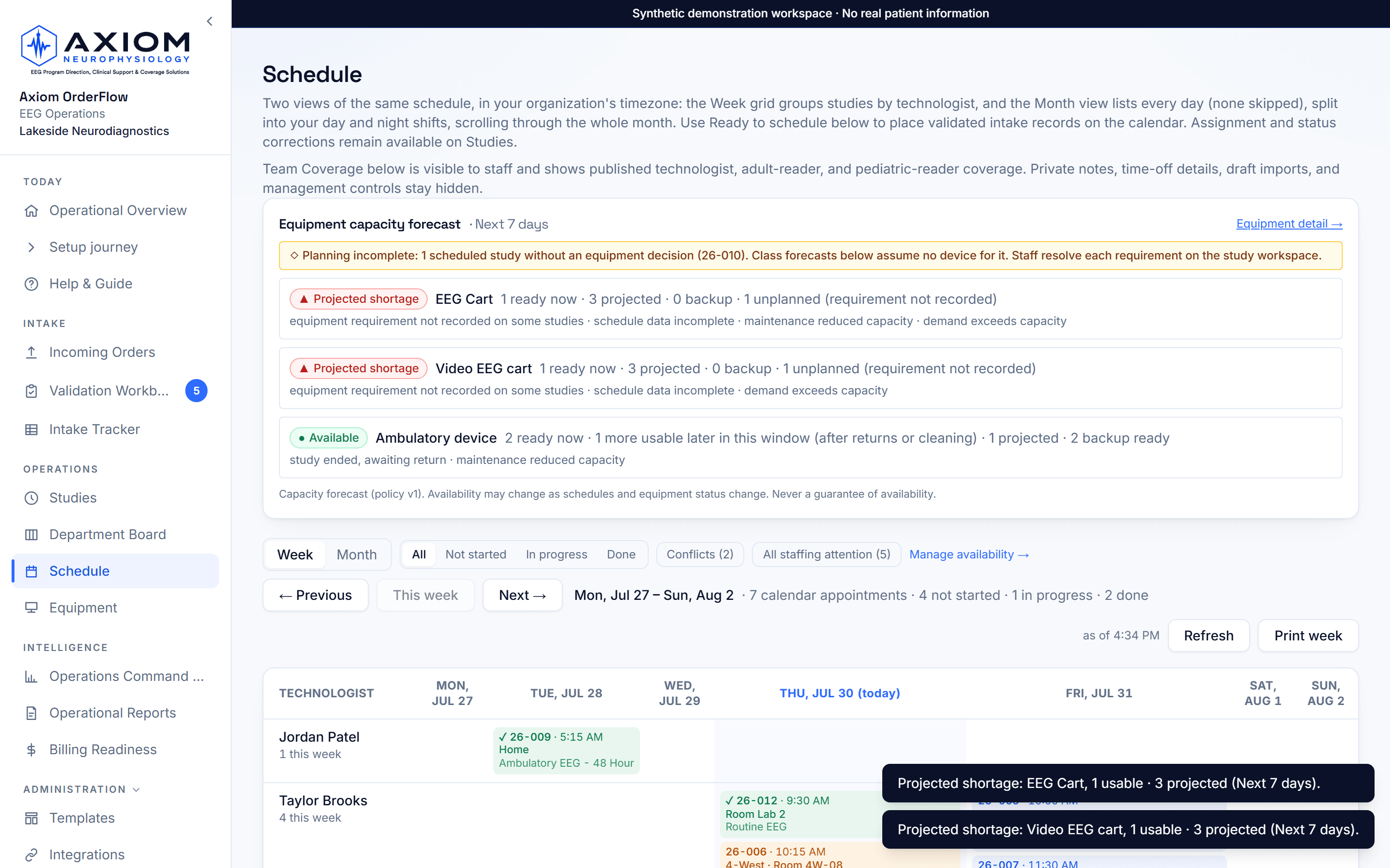 Schedule: live product screenshot with synthetic demo data