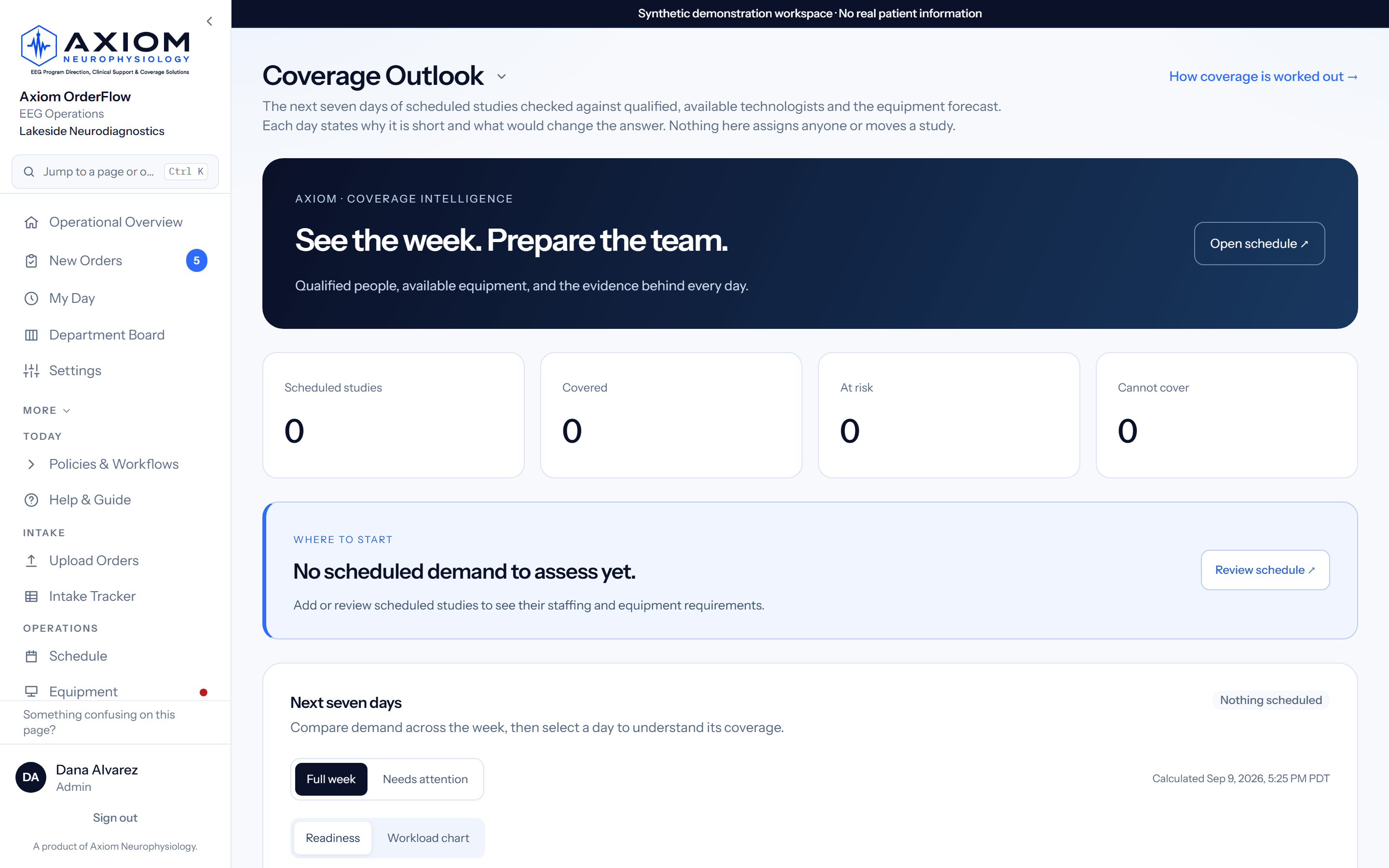 Can we cover tomorrow? Answered with the evidence attached: live product screenshot with synthetic demo data