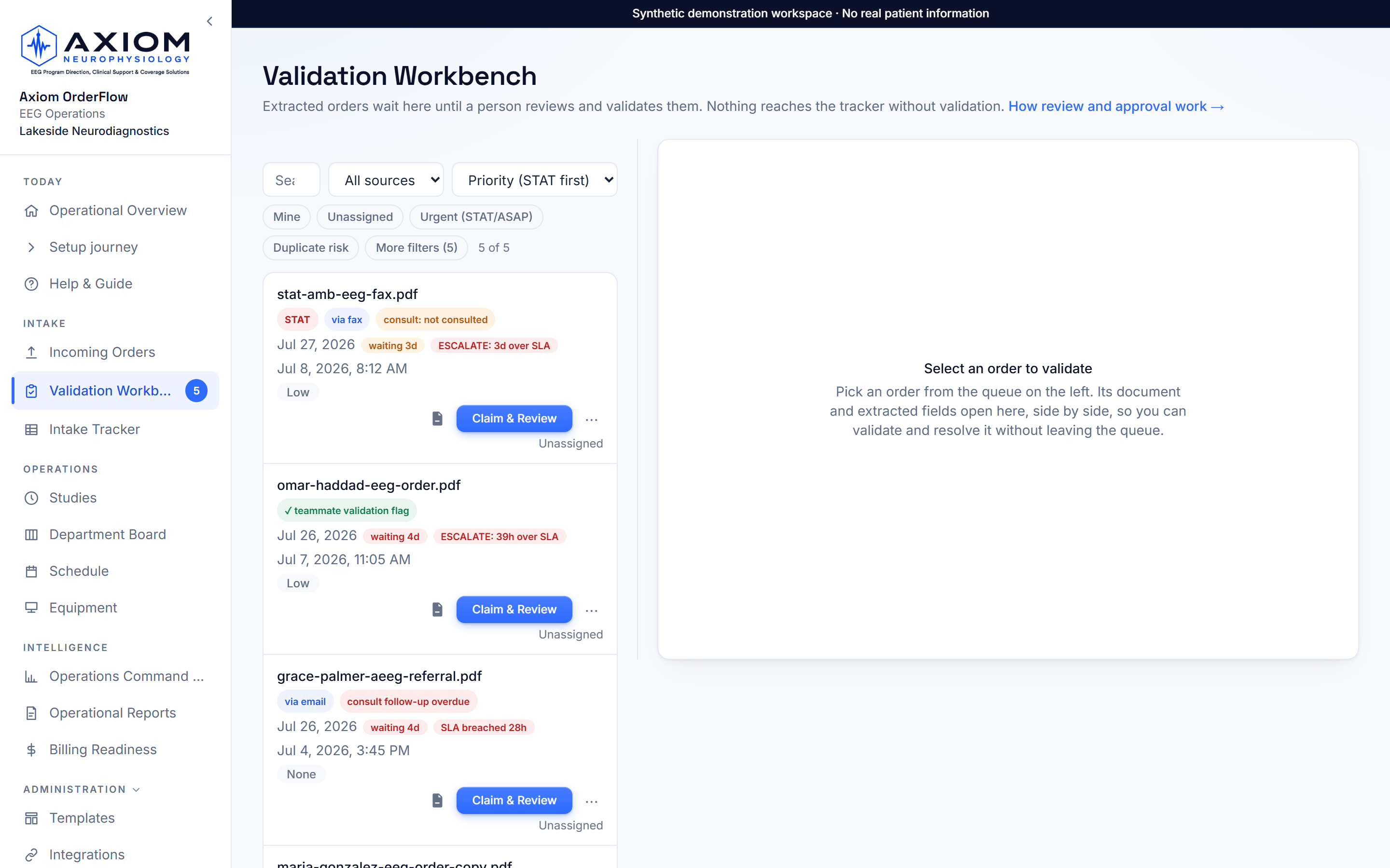 Nothing reaches the tracker without a person validating it: live product screenshot with synthetic demo data