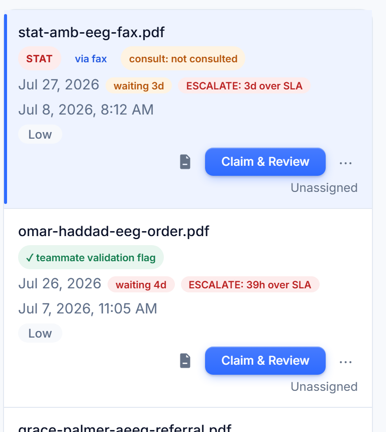 Incoming EEG orders in the validation queue, each showing how it arrived, its priority, how long it has waited, and any duplicate risk